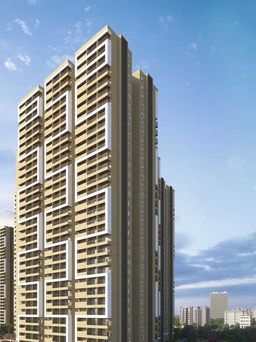 Candeur Eternia, Bachupally, artistic impression A tall apartment tower under a bright sky at Candeur Eternia