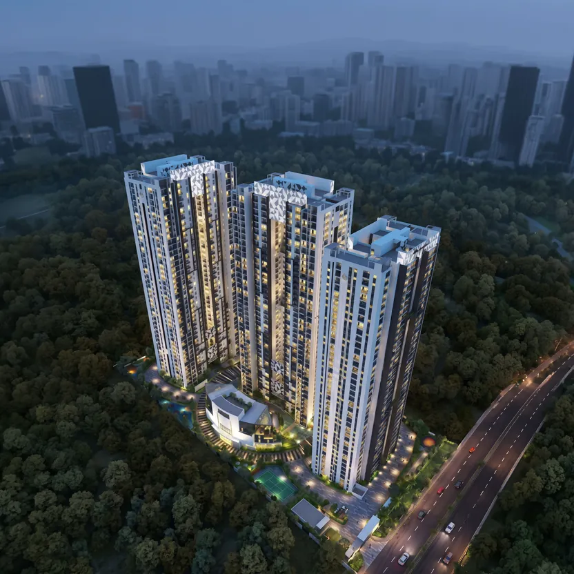 Candeur 40, artistic impression Three white towers rising from green woodland at dusk at Candeur 40
