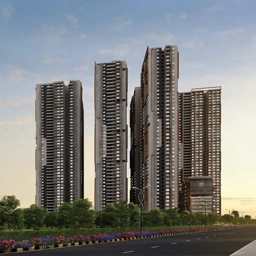 Candeur Lakescape, Kondapur, artistic impression Towers rising beyond a landscaped boulevard at Candeur Lakescape