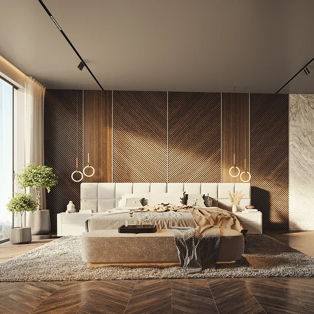 Candeur Lakescape, Kondapur, artistic impression A bedroom with a panelled wall and soft lighting at Candeur Lakescape