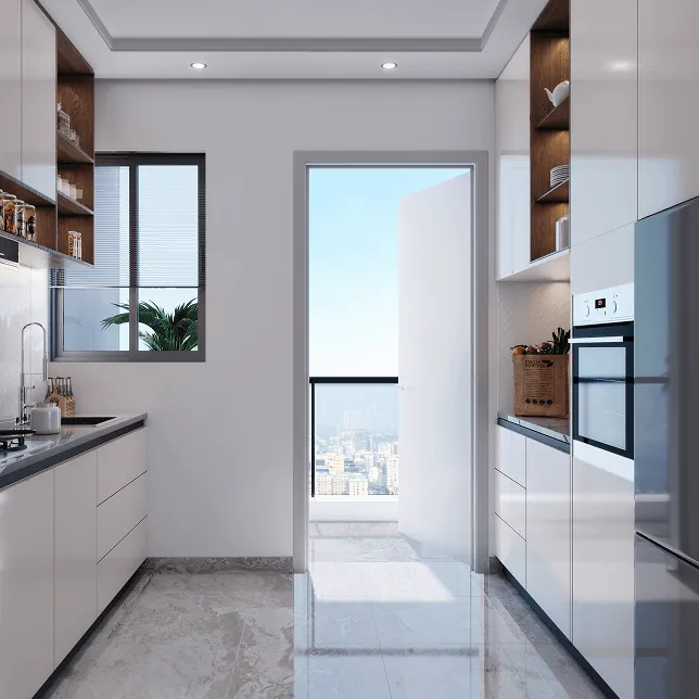 Candeur Twins, Miyapur, artistic impression A modular kitchen opening to a balcony at Candeur Twins