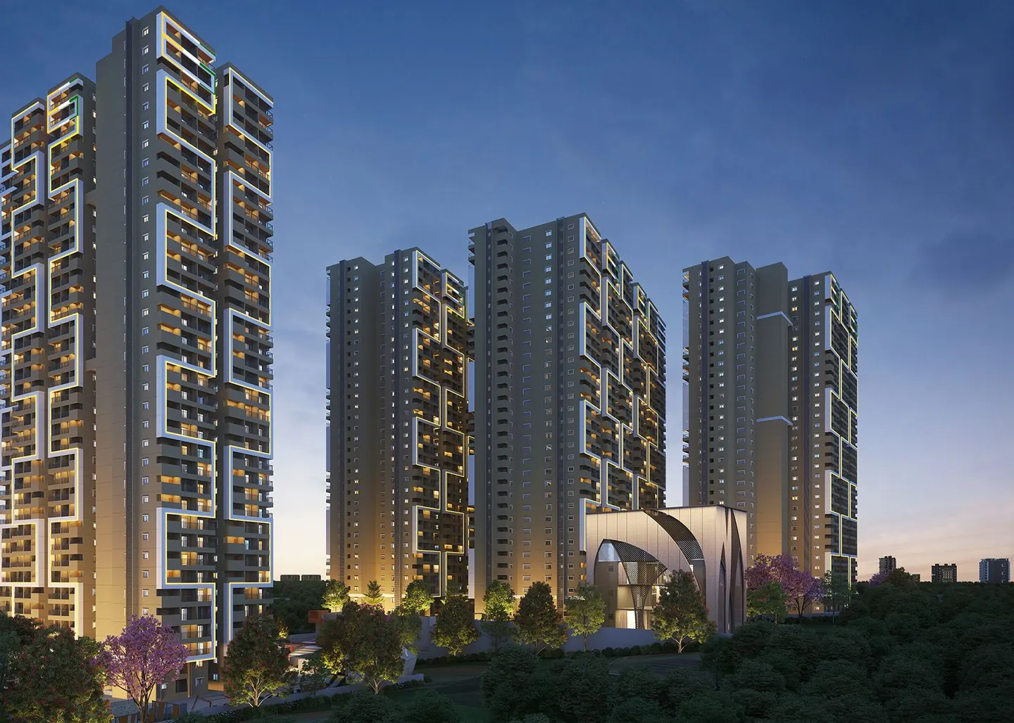 Candeur Eternia, Bachupally, artistic impression Apartment towers outlined in light at dusk above trees in bloom at Candeur Eternia